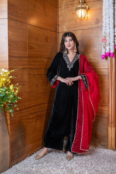 Velvet Black and Red Embroidered Kurta Set