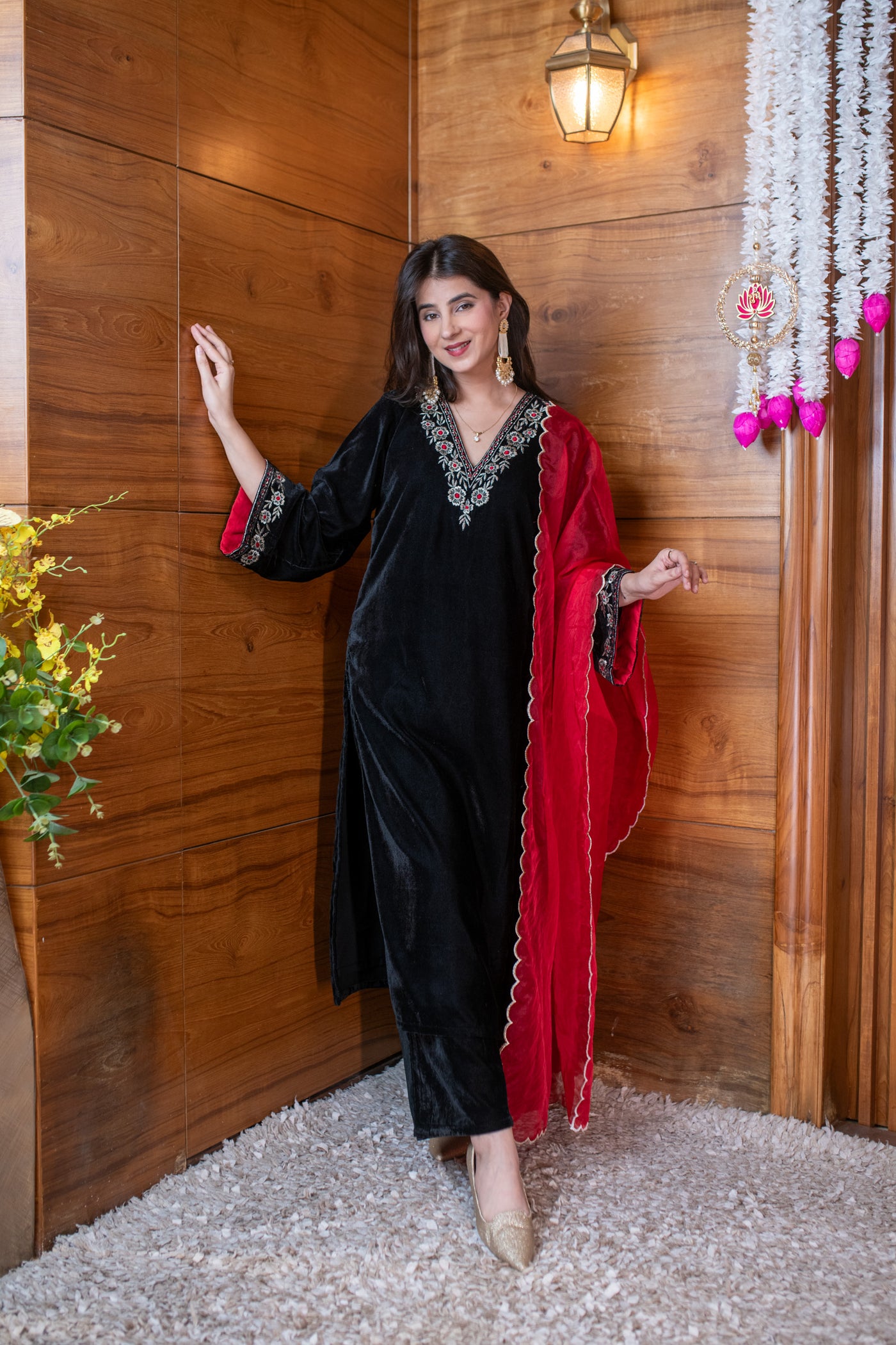 Velvet Black and Red Embroidered Kurta Set