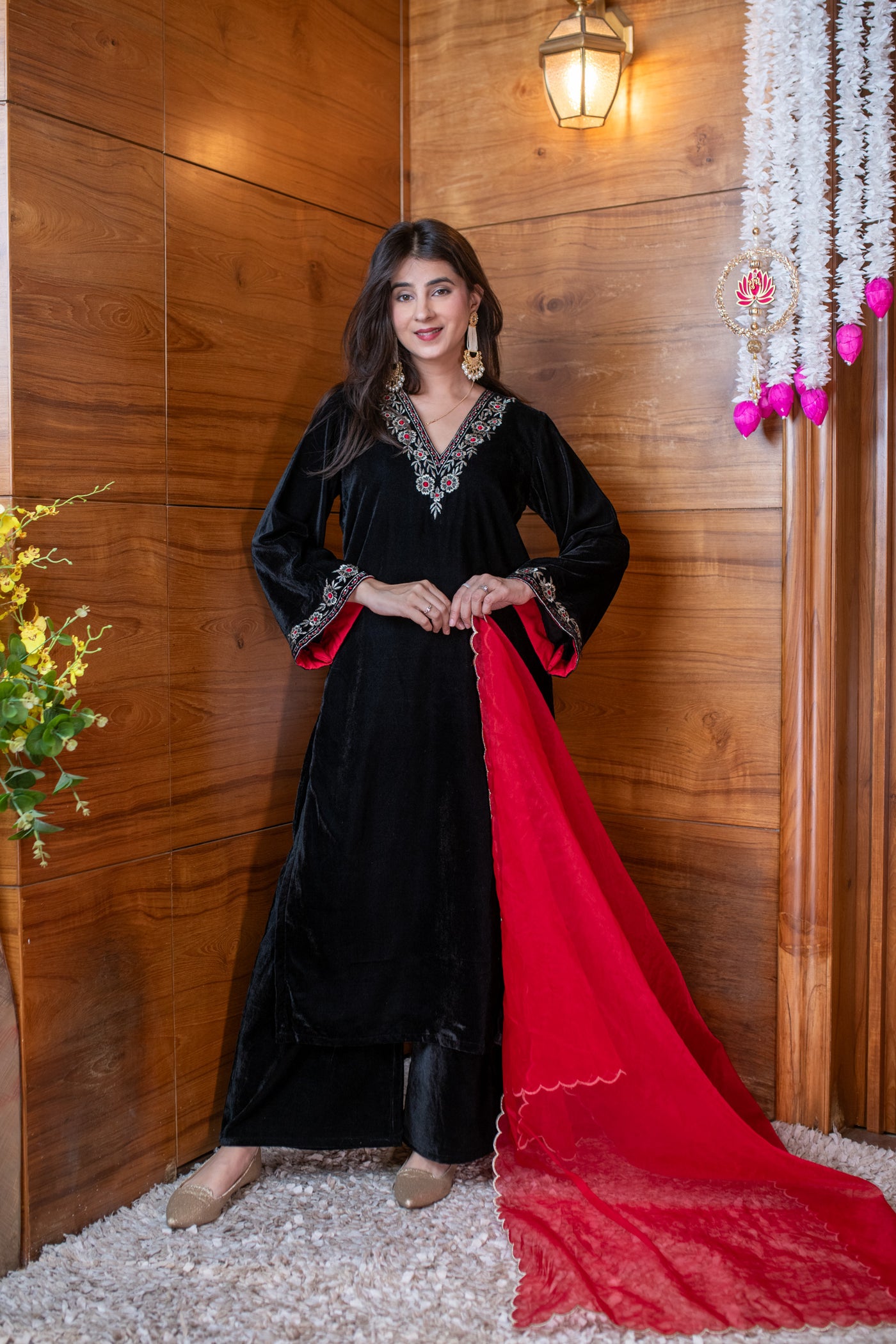 Velvet Black and Red Embroidered Kurta Set