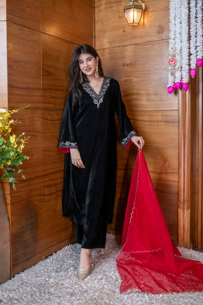 Velvet Black and Red Embroidered Kurta Set