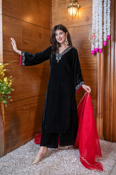 Velvet Black and Red Embroidered Kurta Set