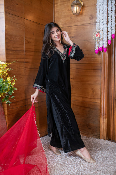 Velvet Black and Red Embroidered Kurta Set