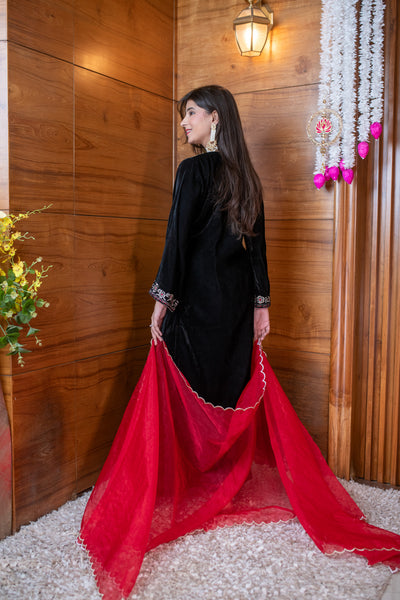 Velvet Black and Red Embroidered Kurta Set