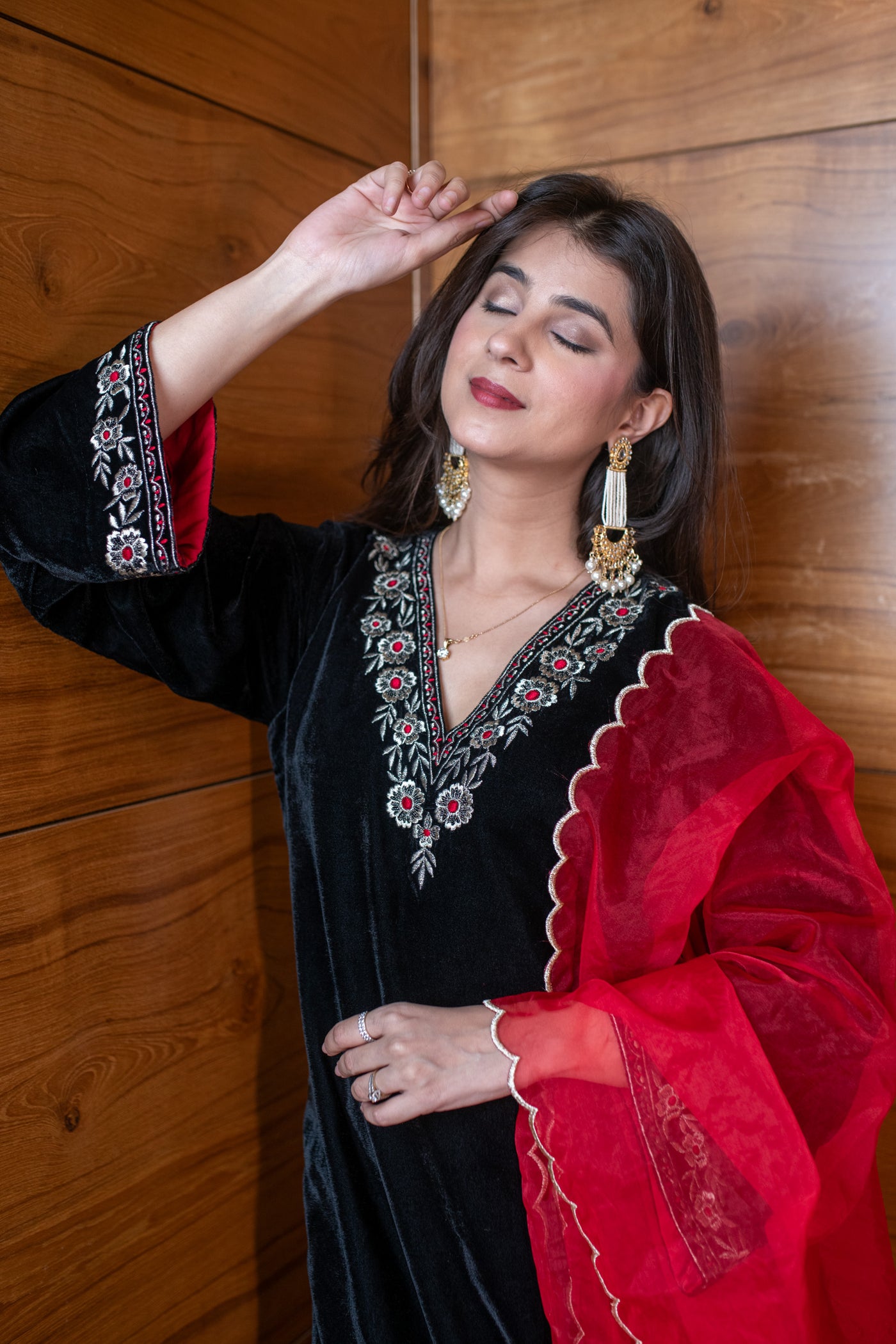 Velvet Black and Red Embroidered Kurta Set