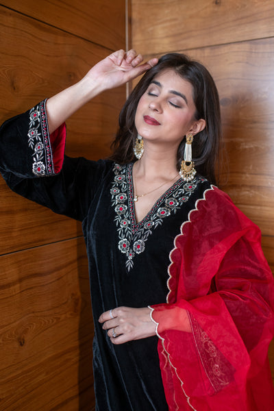 Velvet Black and Red Embroidered Kurta Set