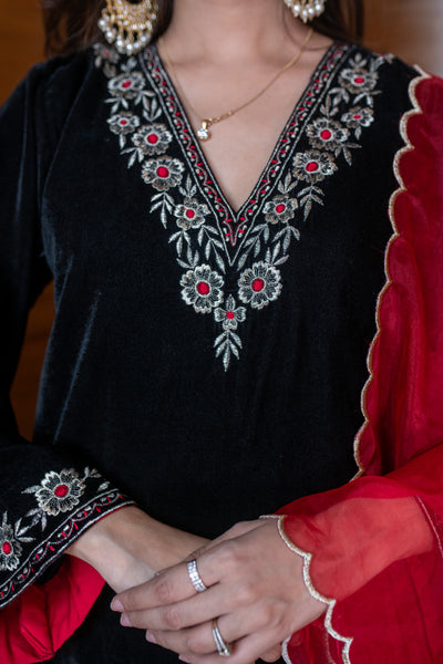 Velvet Black and Red Embroidered Kurta Set