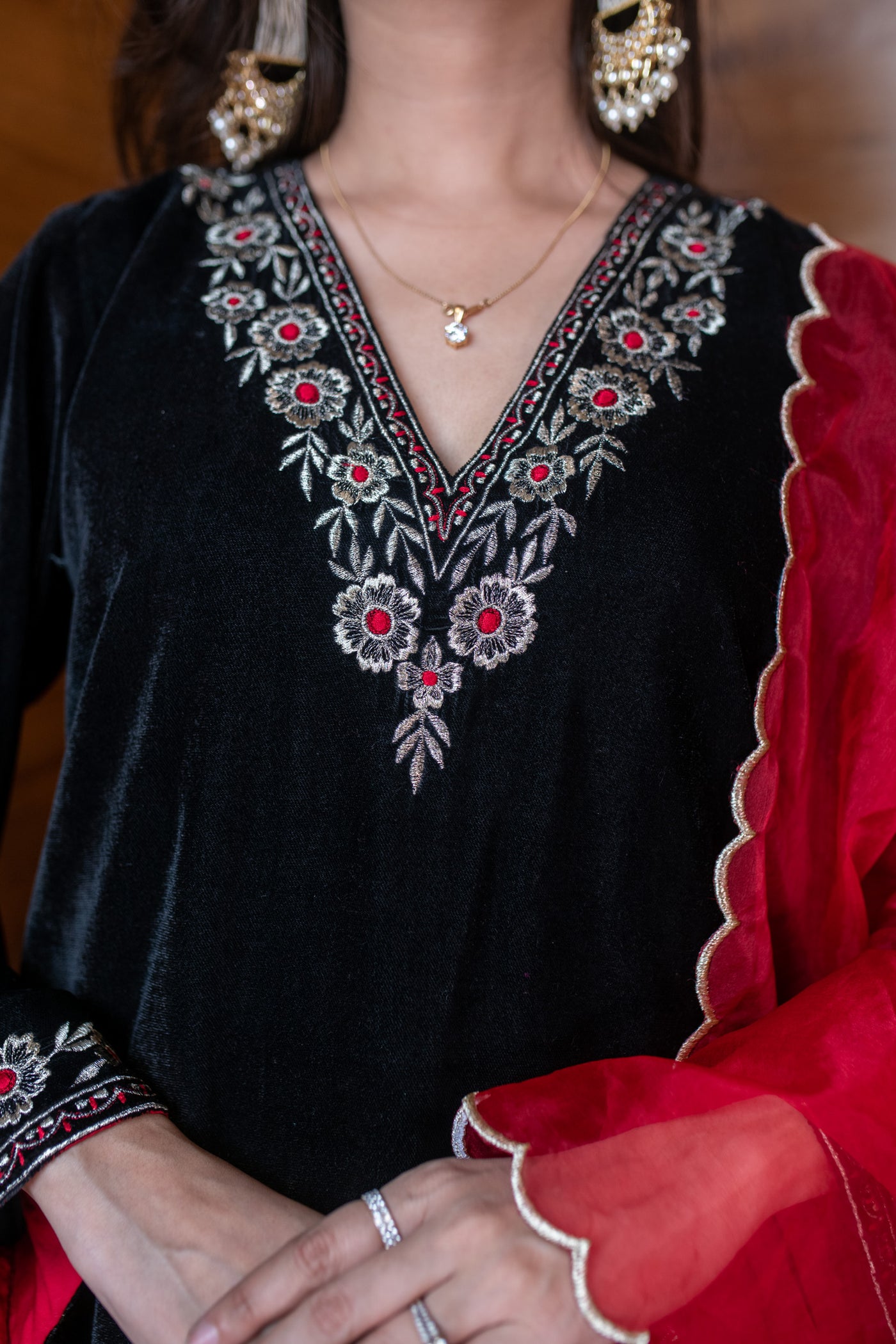 Velvet Black and Red Embroidered Kurta Set