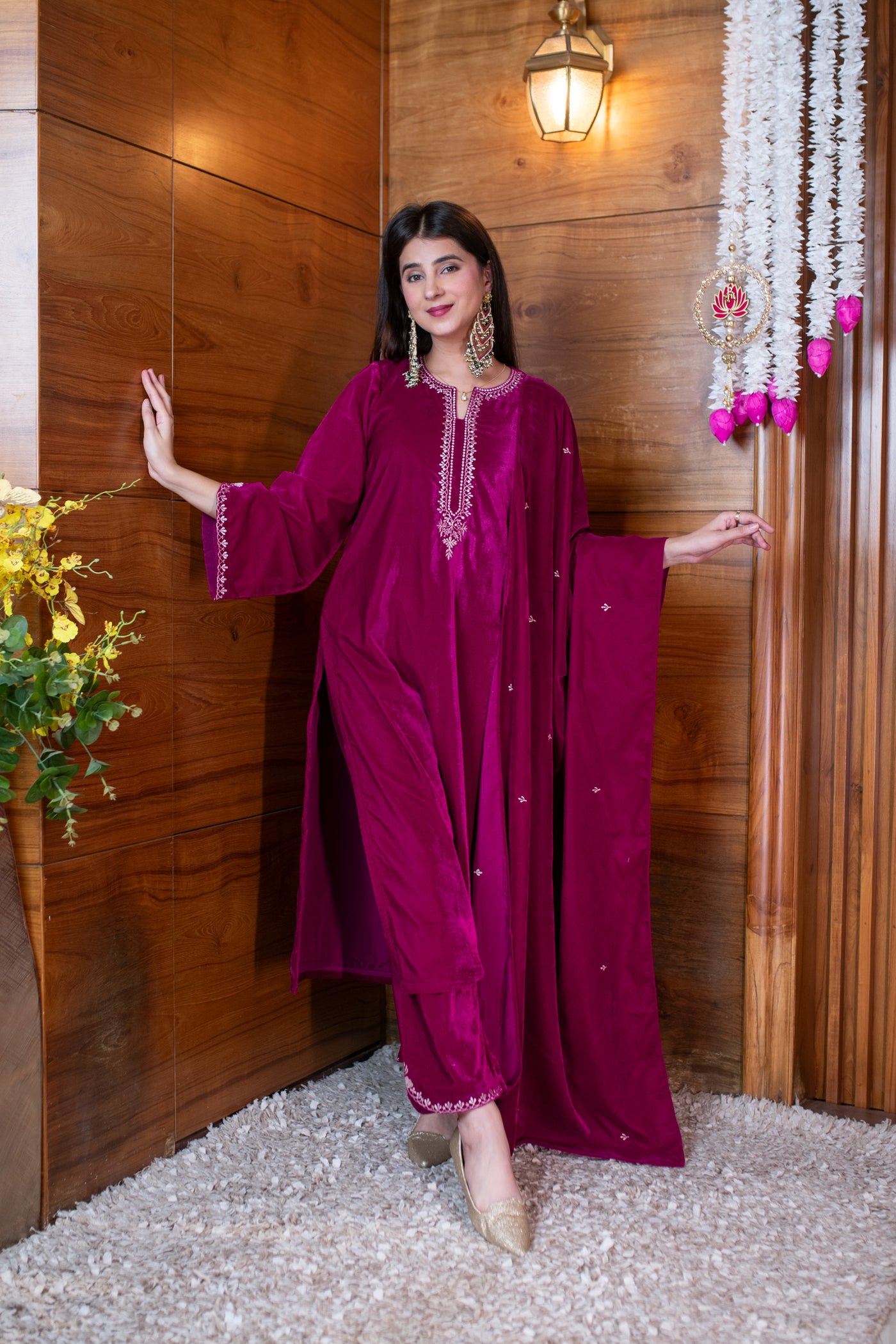 Velvet Magenta Pink Embroidered Kurta Set