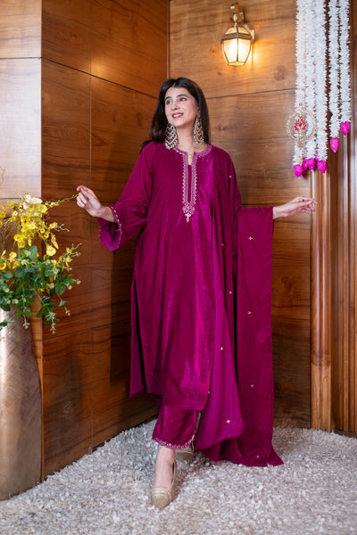 Velvet Magenta Pink Embroidered Kurta Set