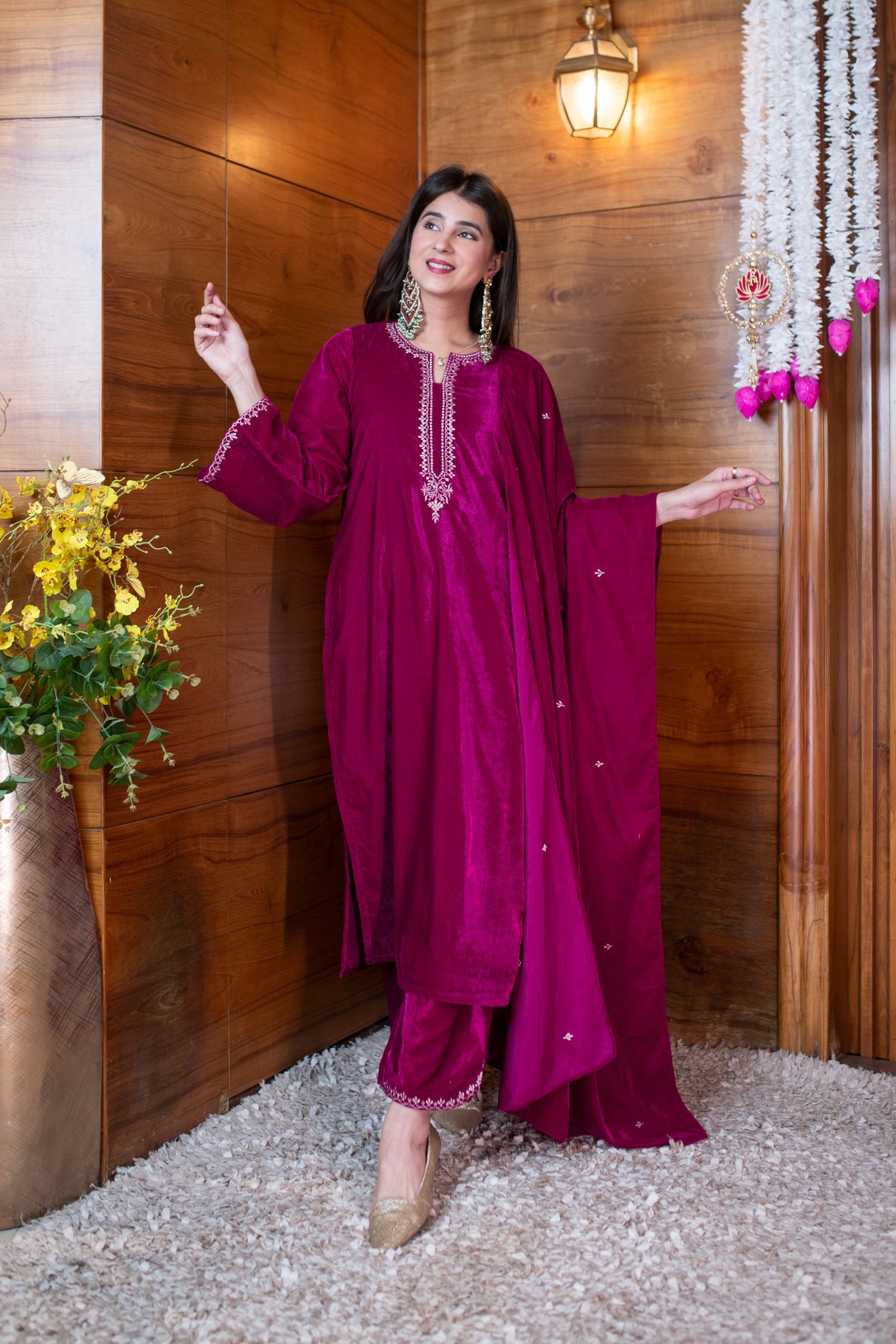 Velvet Magenta Pink Embroidered Kurta Set