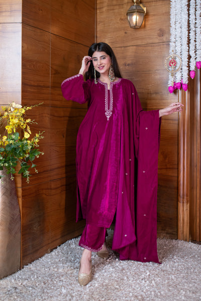 Velvet Magenta Pink Embroidered Kurta Set