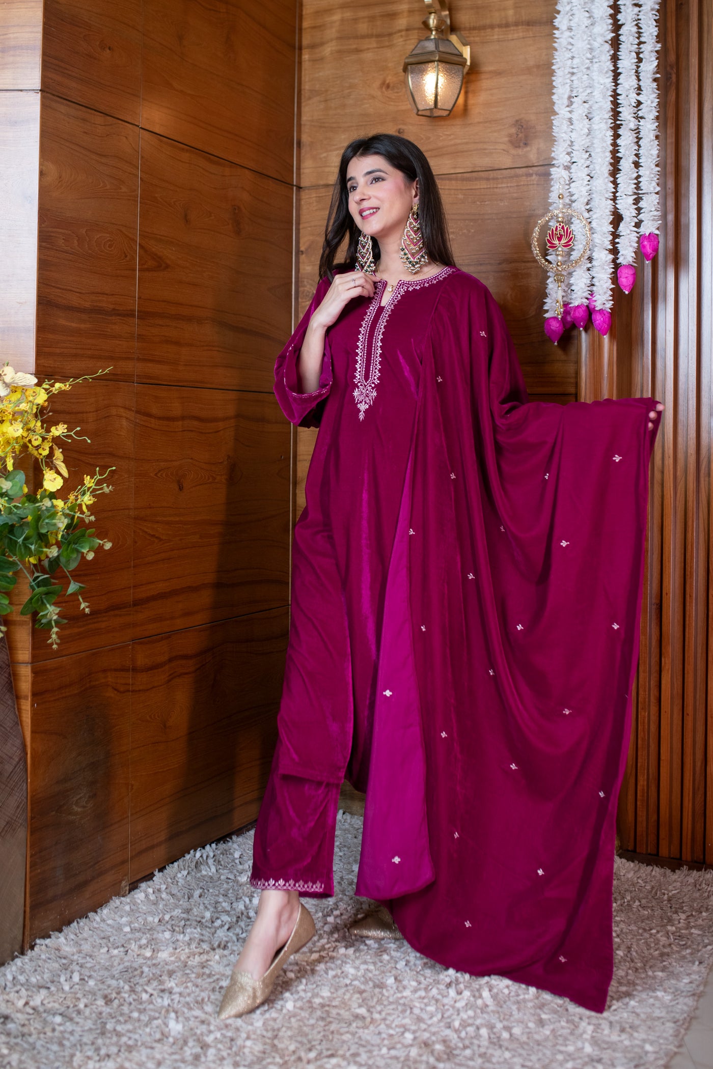 Velvet Magenta Pink Embroidered Kurta Set