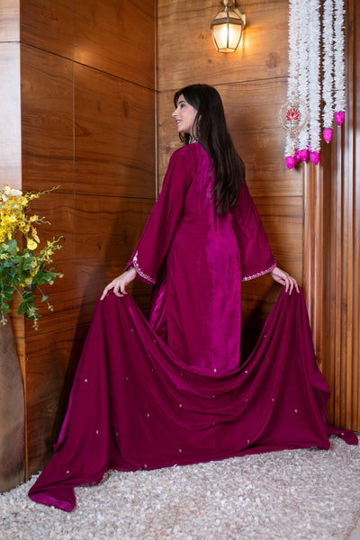 Velvet Magenta Pink Embroidered Kurta Set