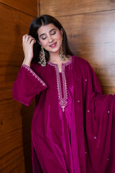 Velvet Magenta Pink Embroidered Kurta Set