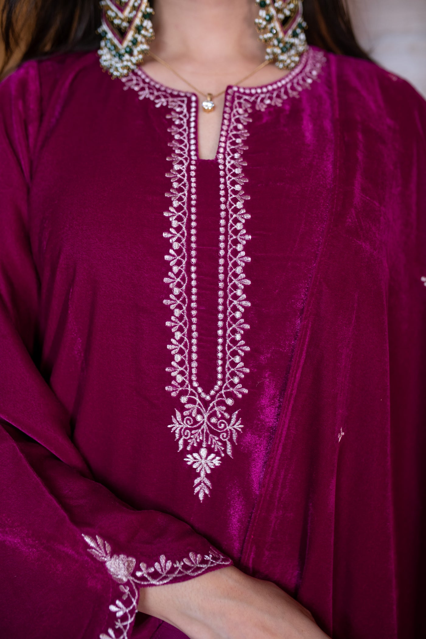 Velvet Magenta Pink Embroidered Kurta Set