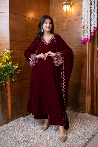 Velvet Maroon Bell Sleeves Kurta Set