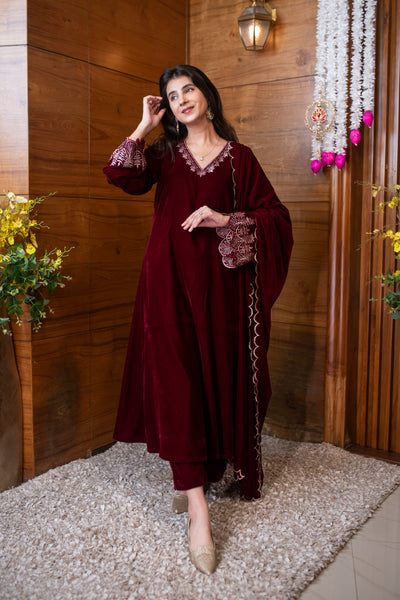 Velvet Maroon Bell Sleeves Kurta Set