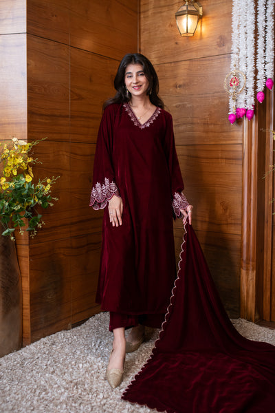 Velvet Maroon Bell Sleeves Kurta Set