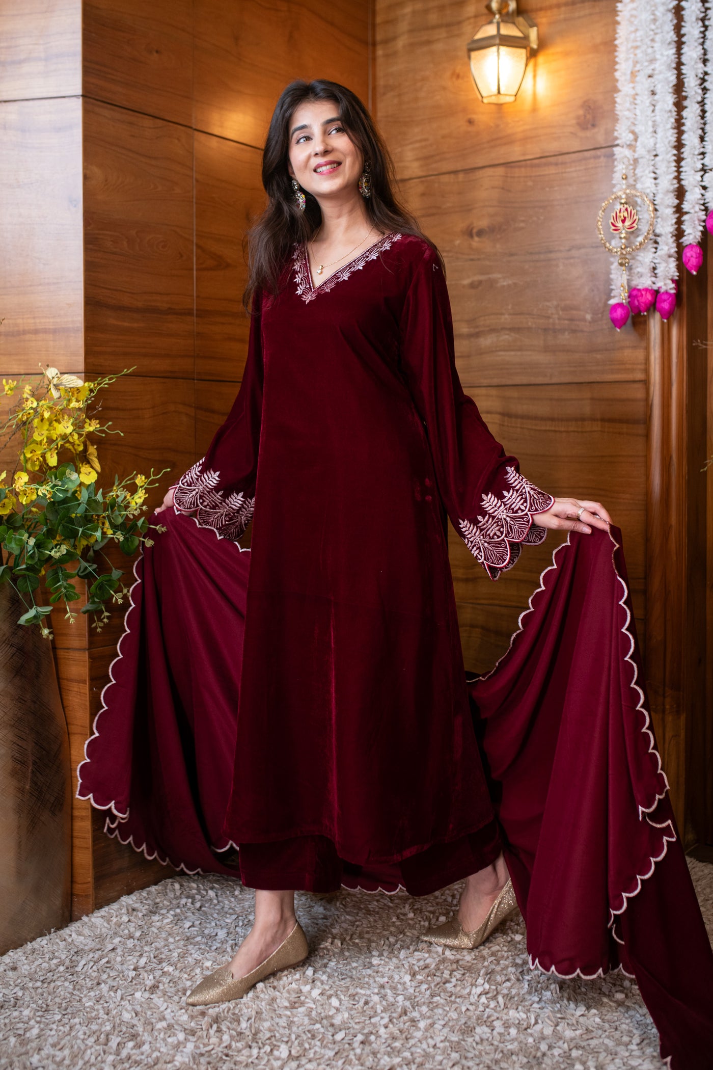 Velvet Maroon Bell Sleeves Kurta Set