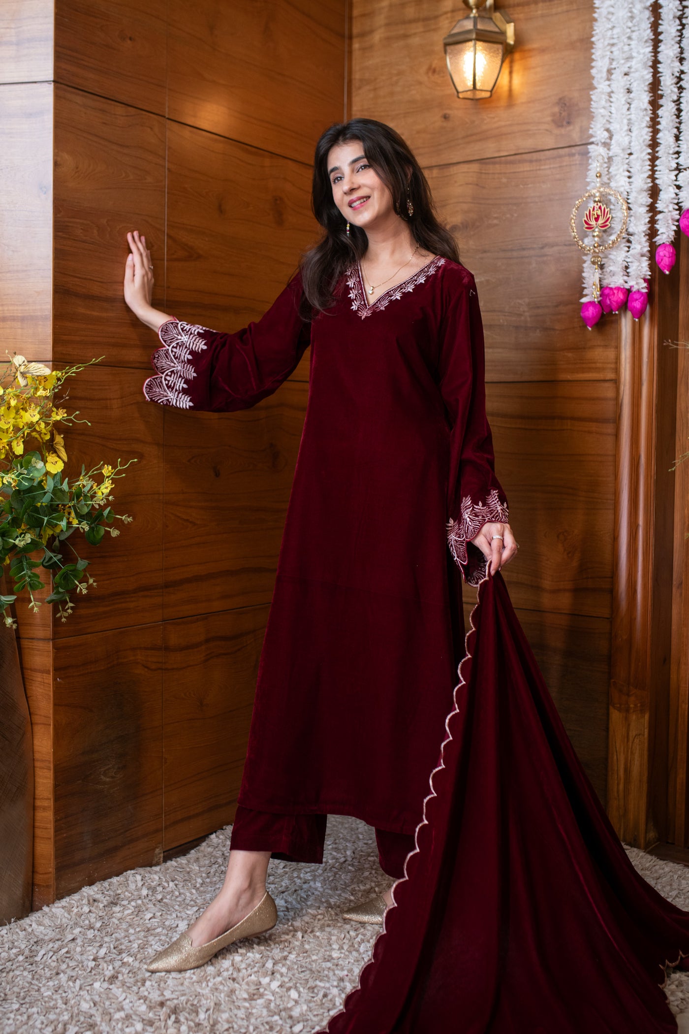 Velvet Maroon Bell Sleeves Kurta Set