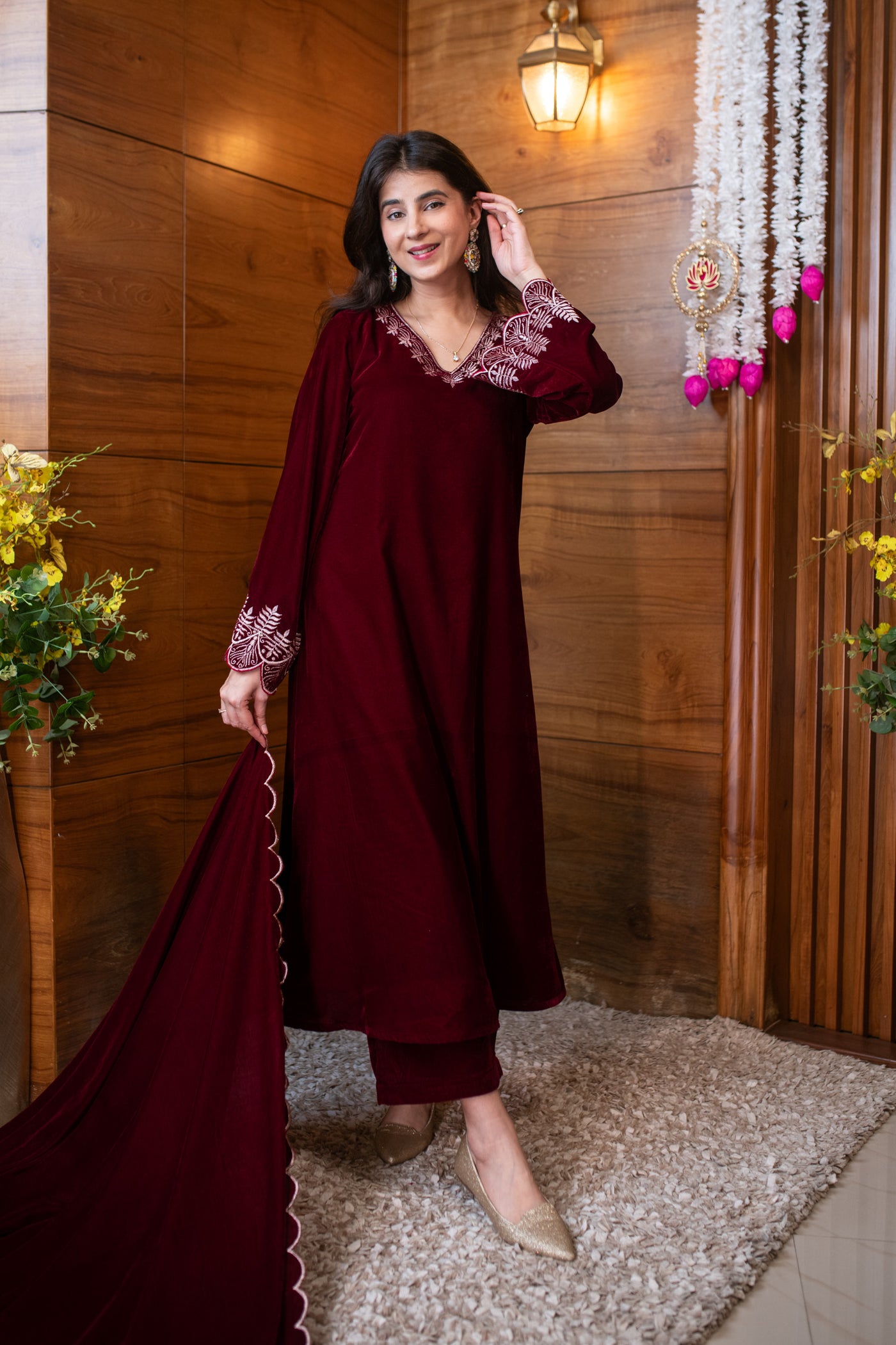 Velvet Maroon Bell Sleeves Kurta Set