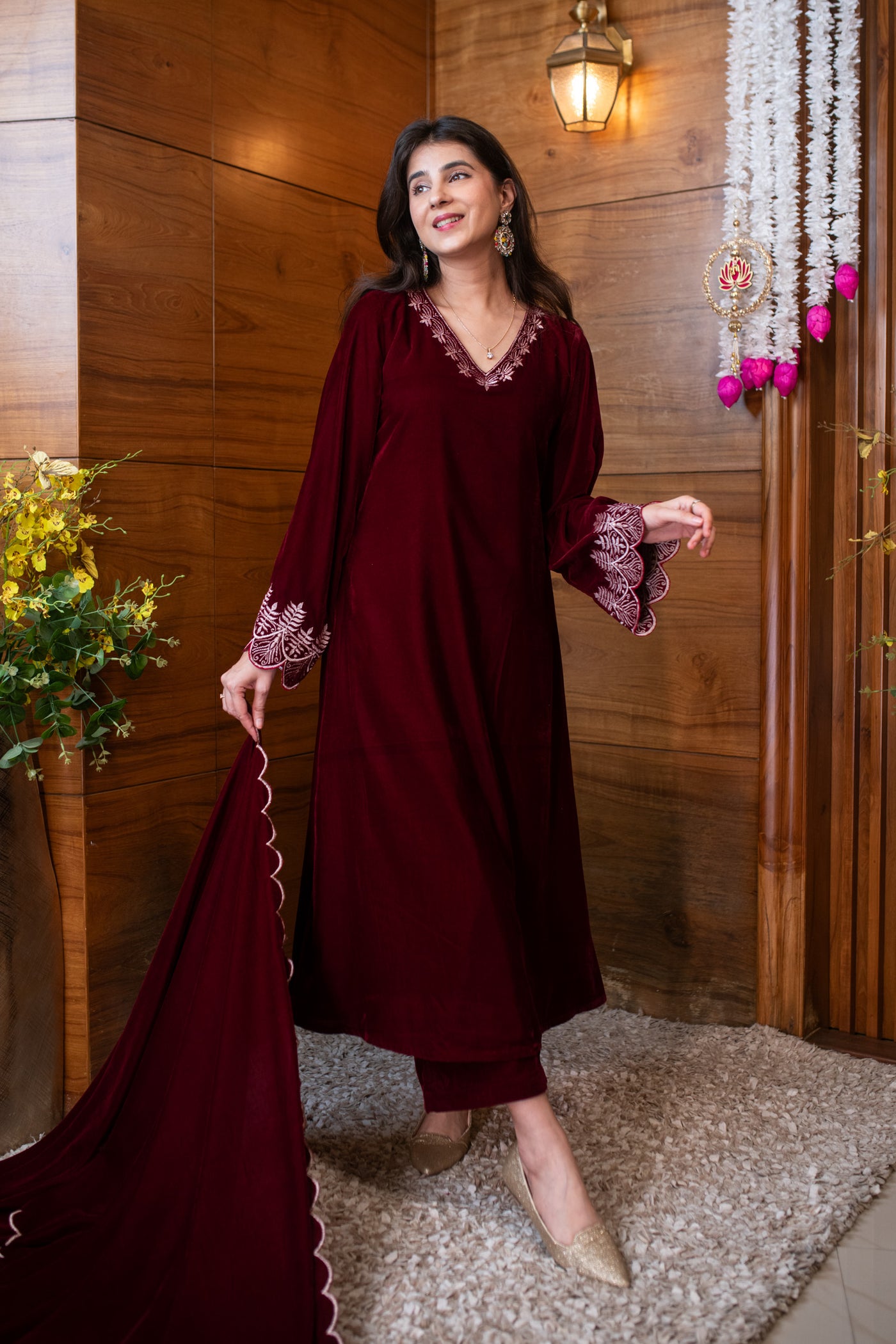 Velvet Maroon Bell Sleeves Kurta Set