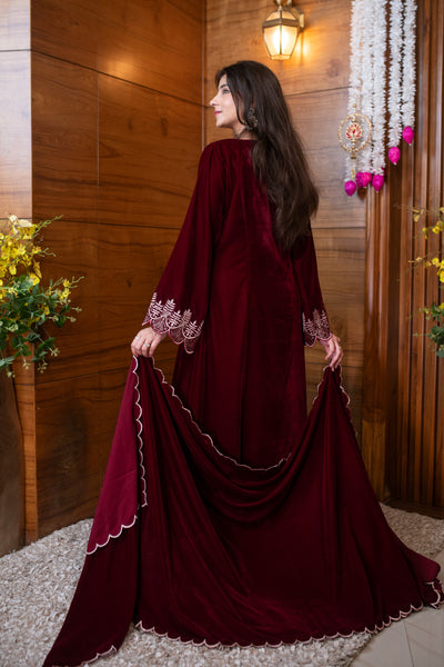 Velvet Maroon Bell Sleeves Kurta Set