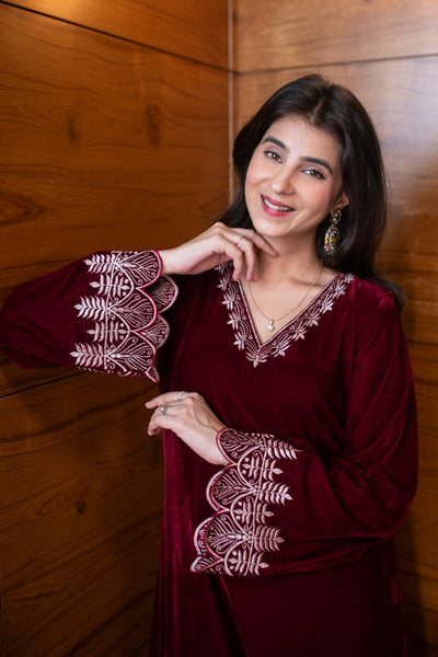 Velvet Maroon Bell Sleeves Kurta Set