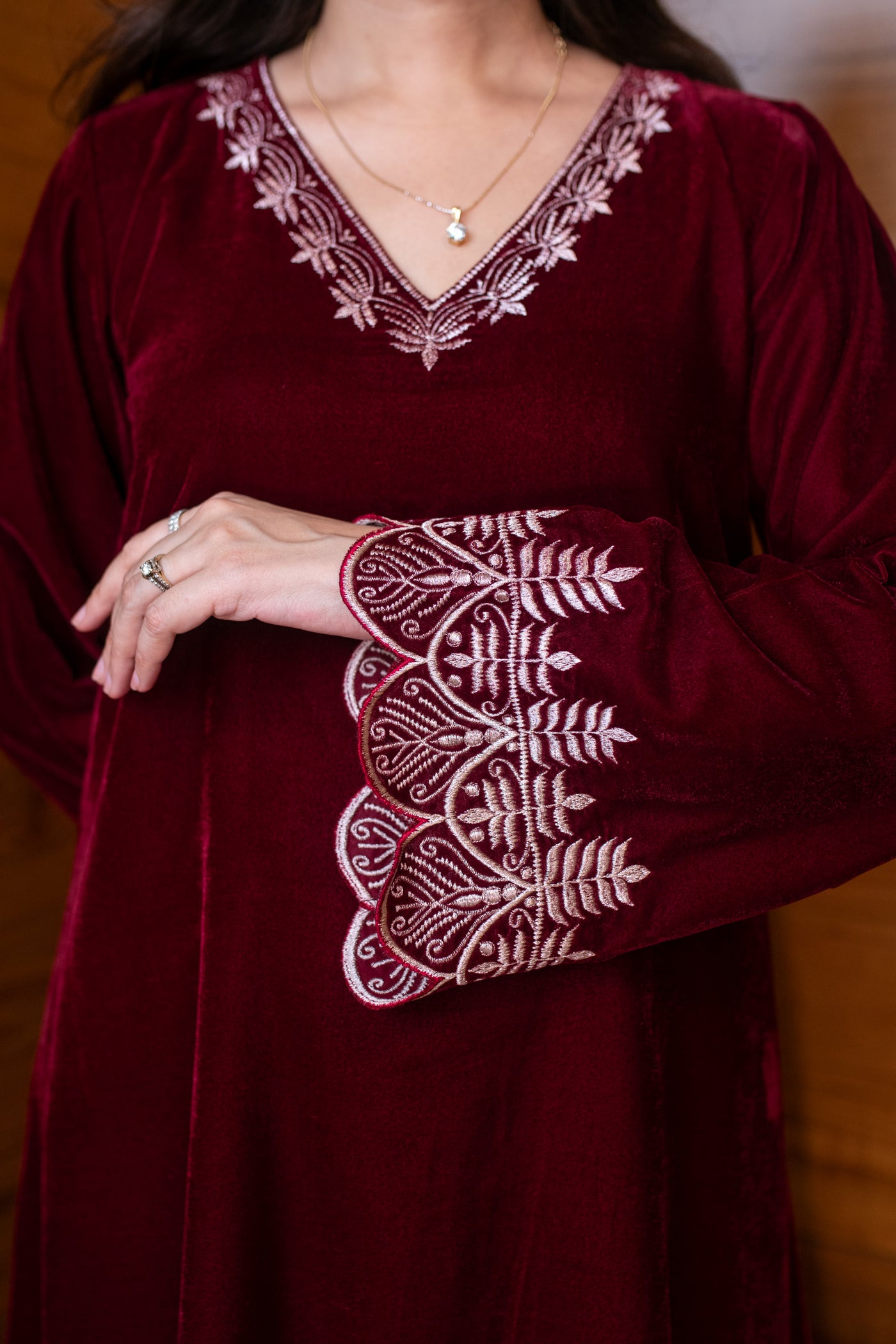 Velvet Maroon Bell Sleeves Kurta Set