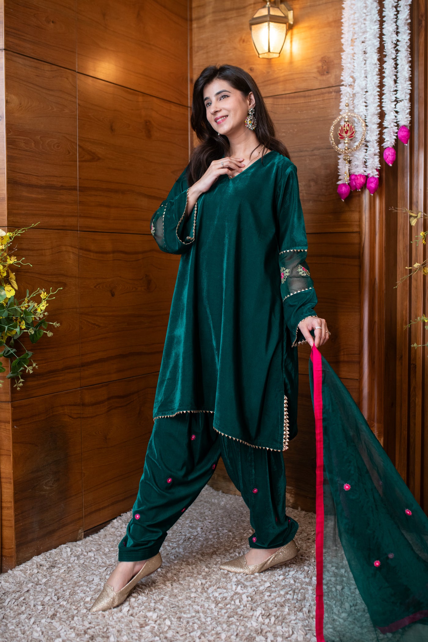 Velvet Green Embroidered Salwar Set