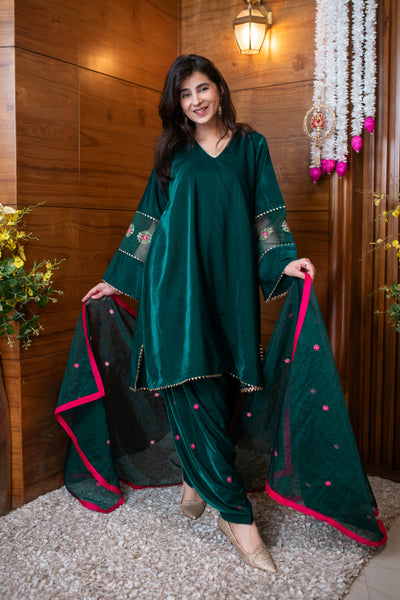 Velvet Green Embroidered Salwar Set