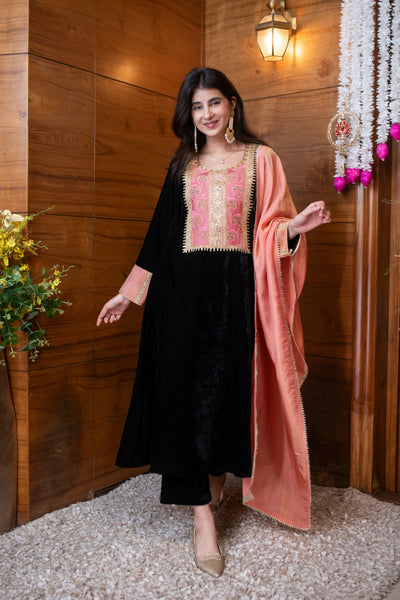 Velvet Black Heavy Neck work Kurta Set