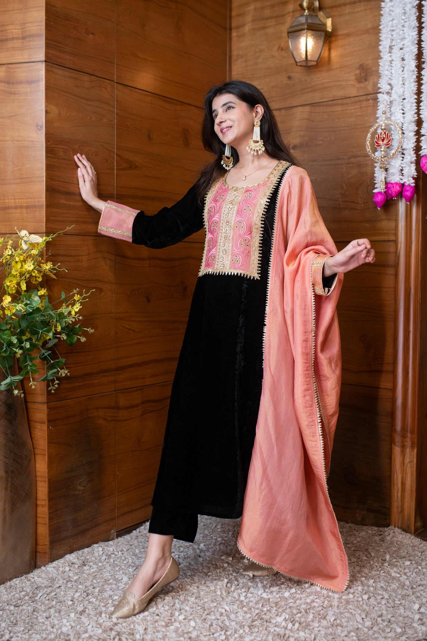 Velvet Black Heavy Neck work Kurta Set