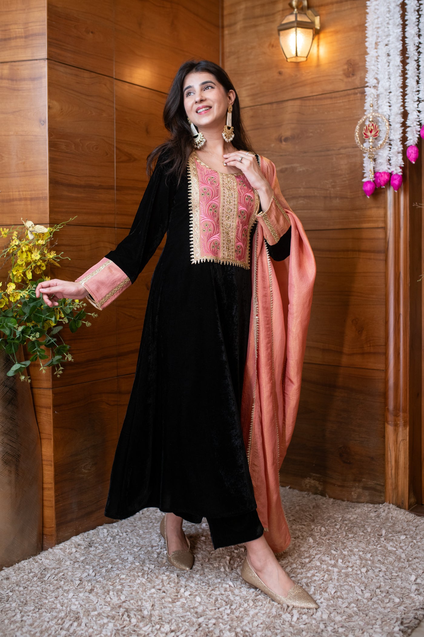 Velvet Black Heavy Neck work Kurta Set