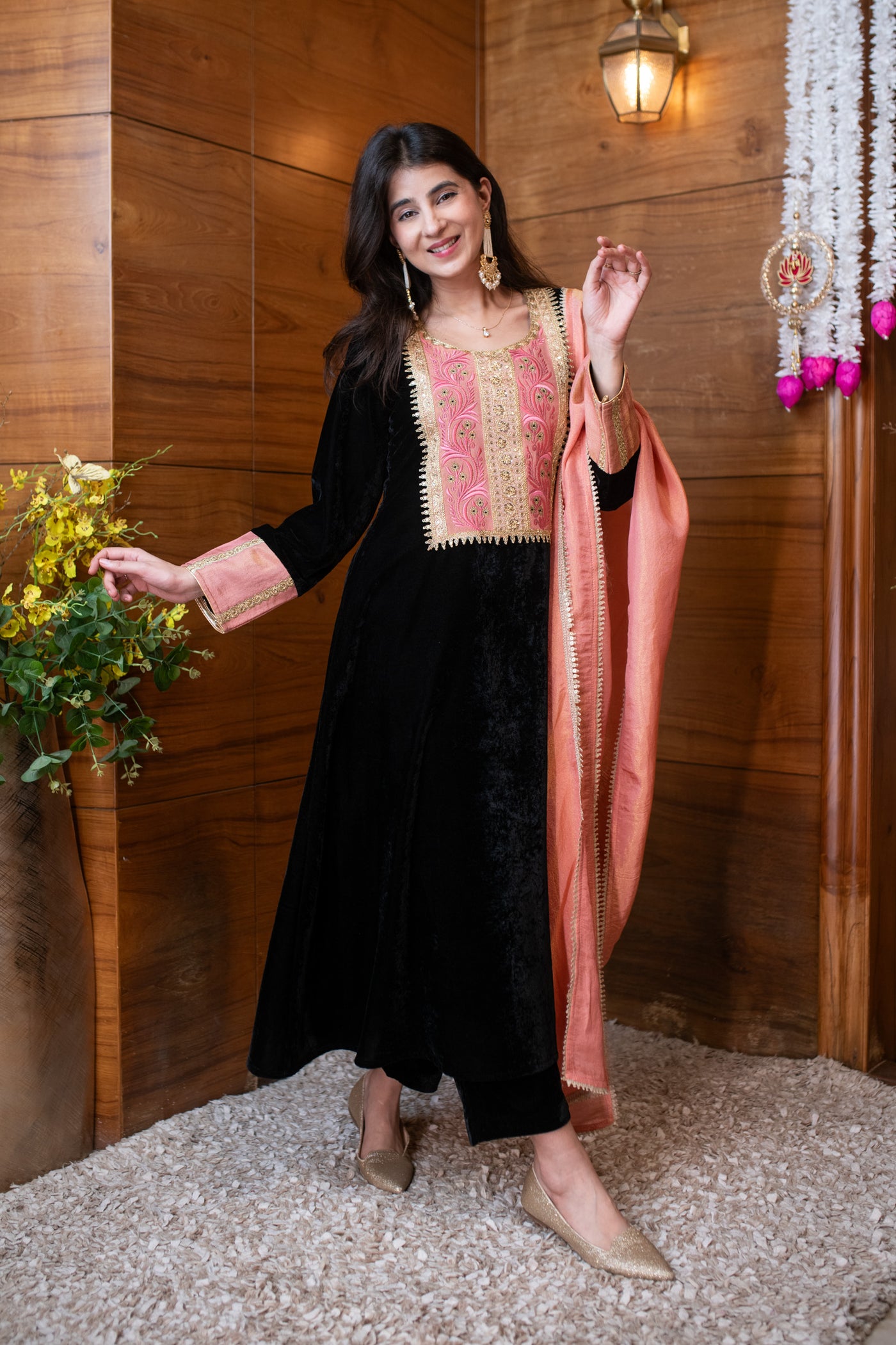 Velvet Black Heavy Neck work Kurta Set