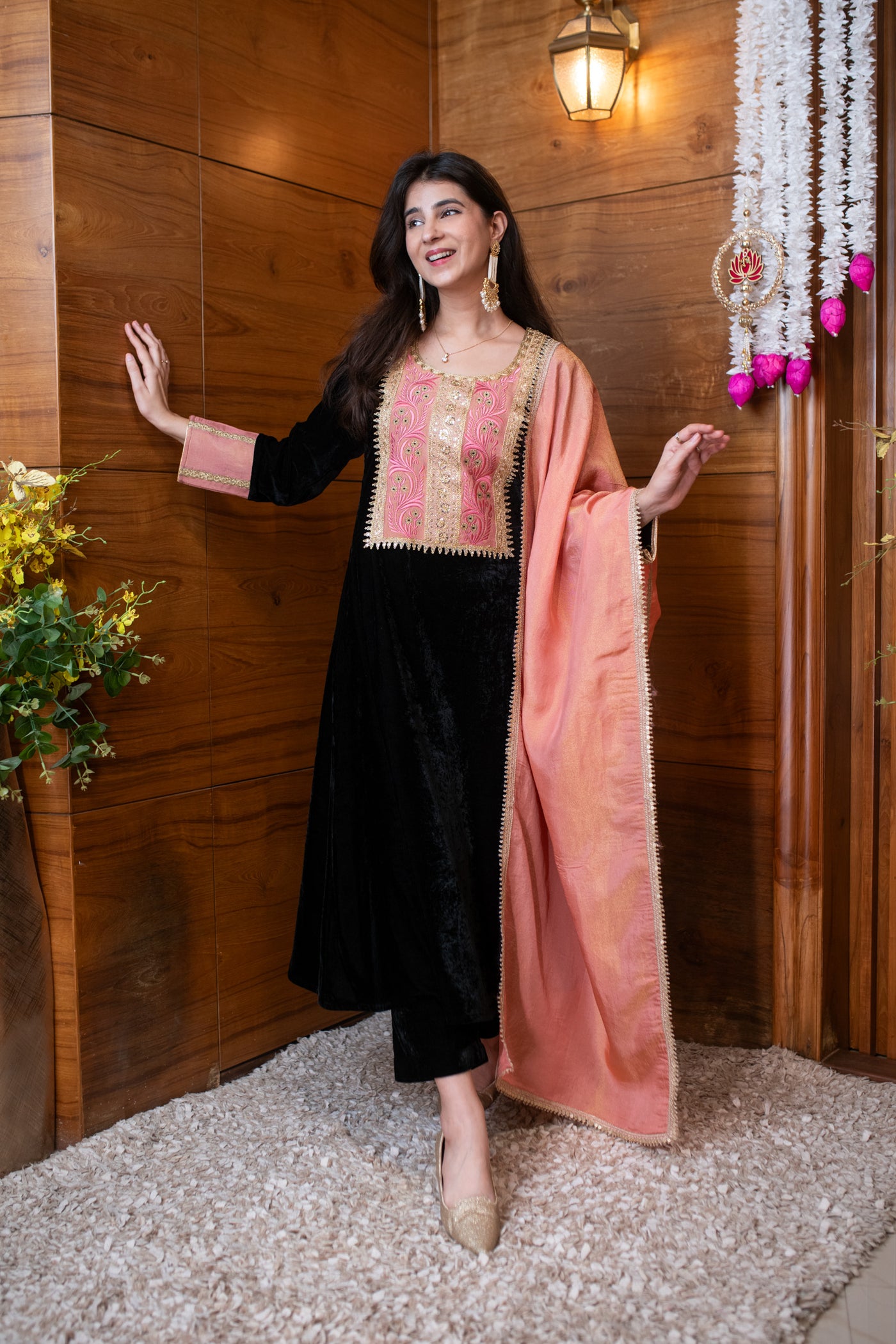 Velvet Black Heavy Neck work Kurta Set