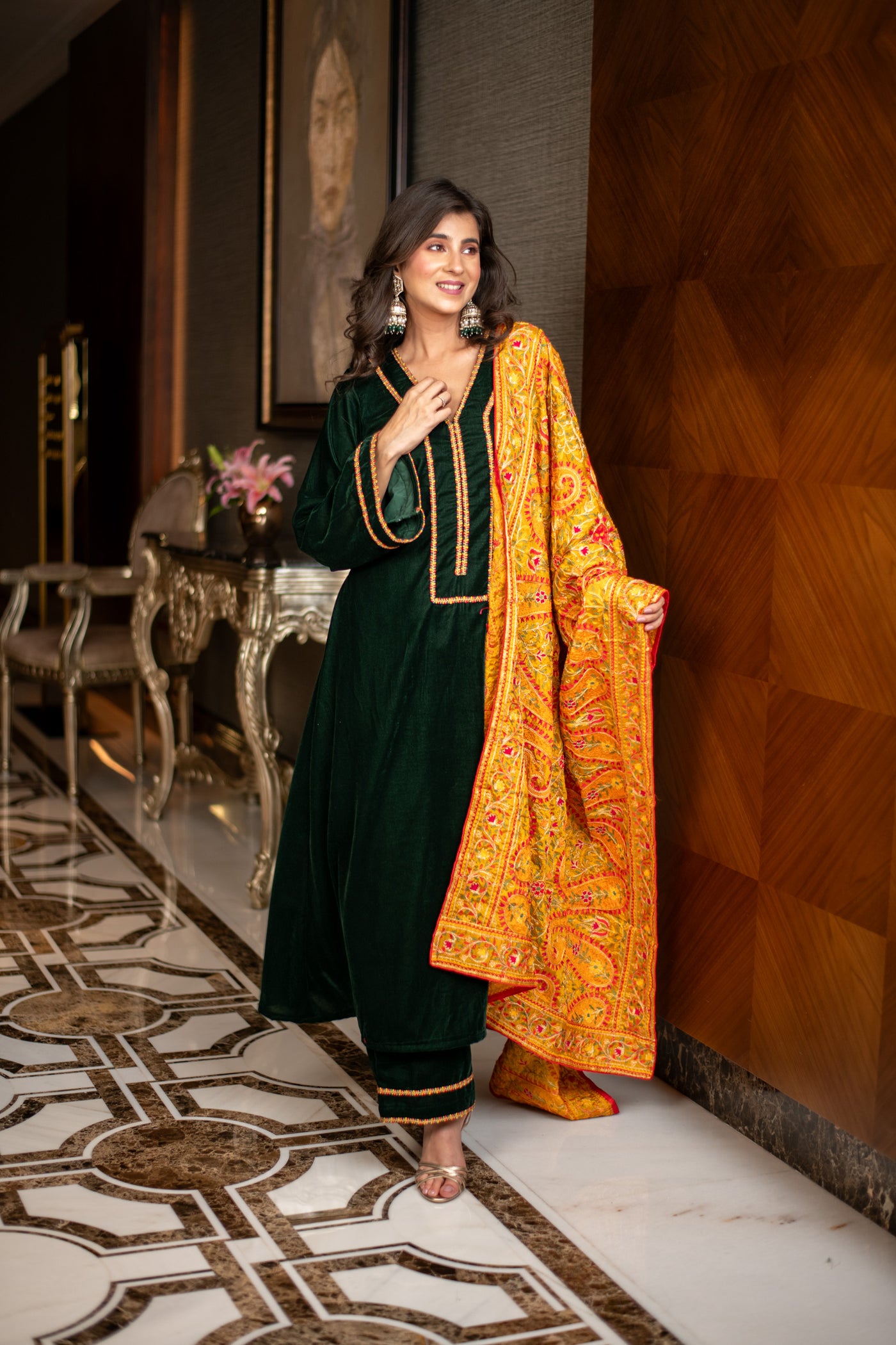 Velvet Bottle Green with Silk Mustard Heavy Dupatta