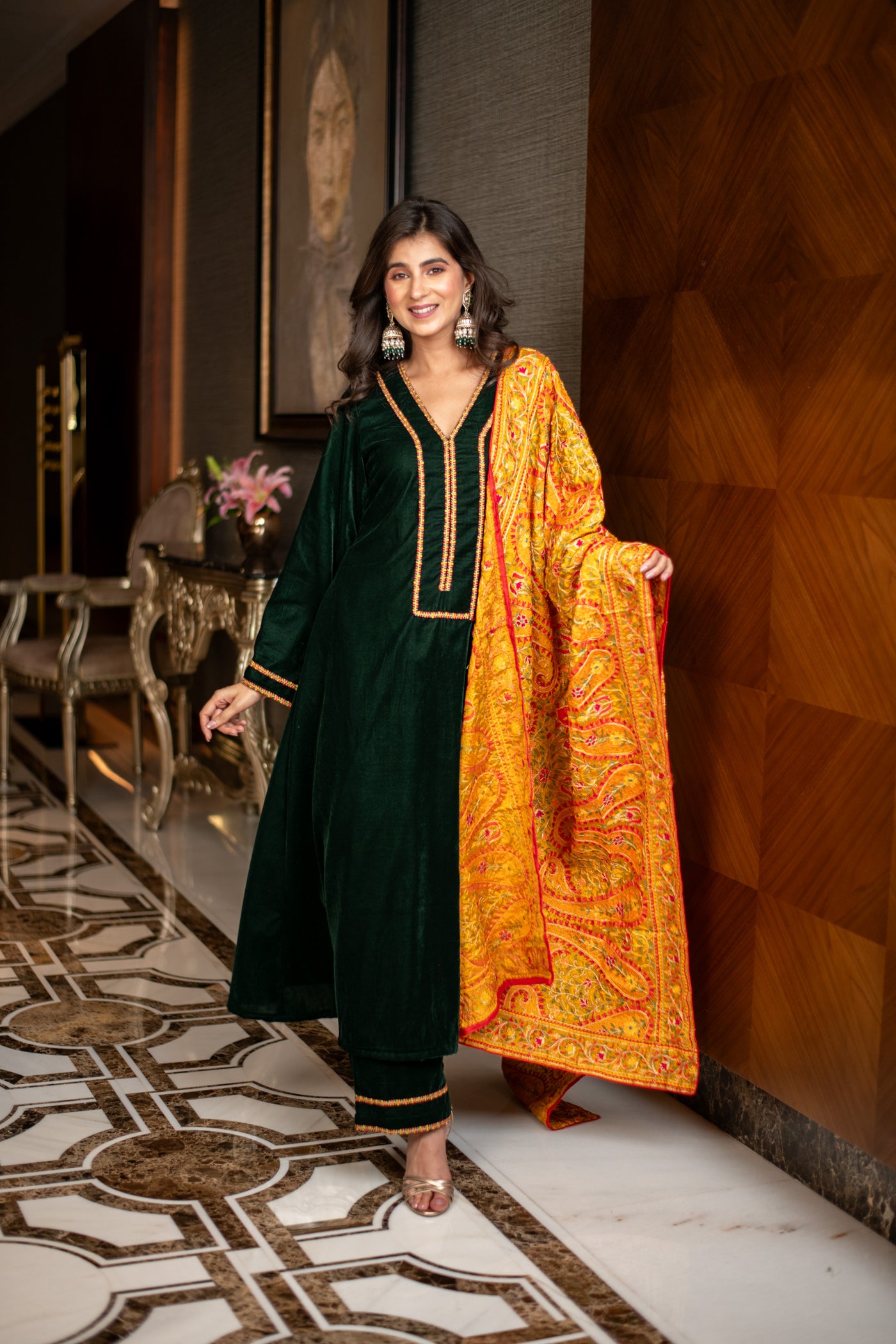 Velvet Bottle Green with Silk Mustard Heavy Dupatta