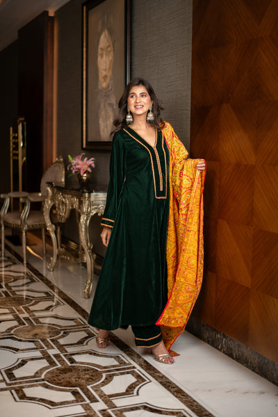 Velvet Bottle Green with Silk Mustard Heavy Dupatta