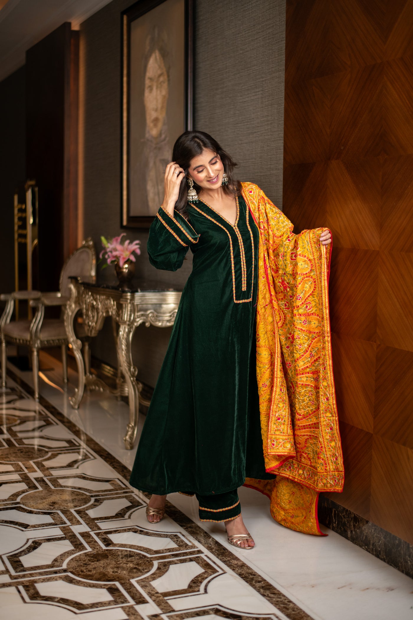 Velvet Bottle Green with Silk Mustard Heavy Dupatta