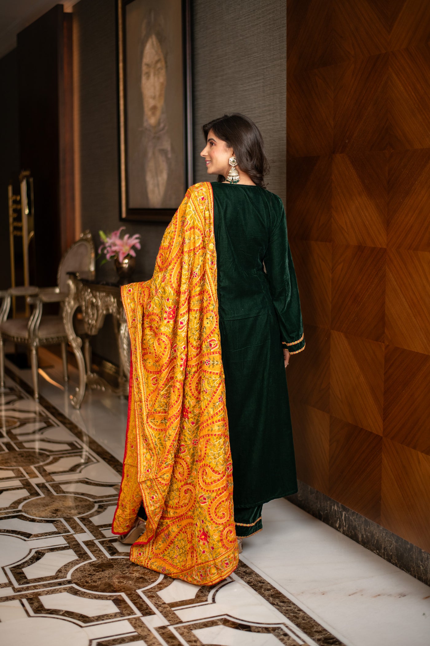 Velvet Bottle Green with Silk Mustard Heavy Dupatta