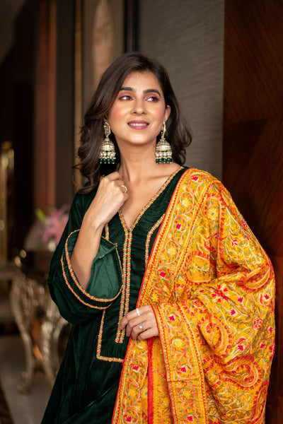 Velvet Bottle Green with Silk Mustard Heavy Dupatta