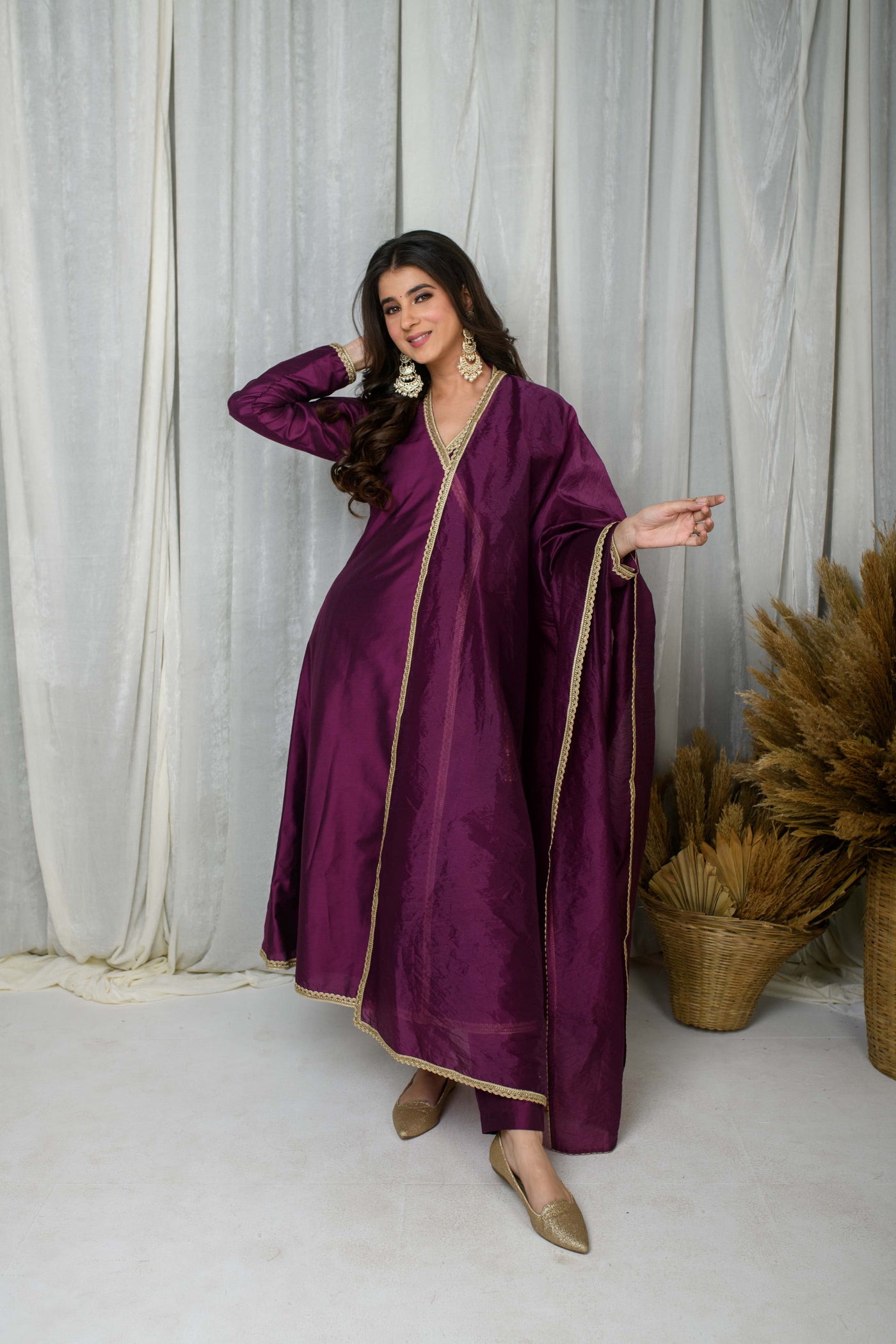 Wine Silk overlap Kurta Set