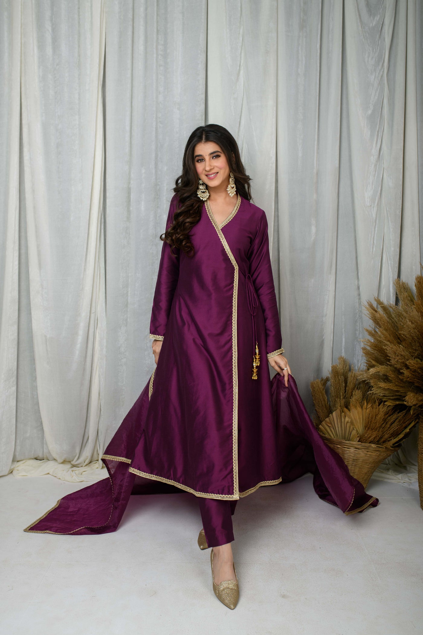 Wine Silk overlap Kurta Set