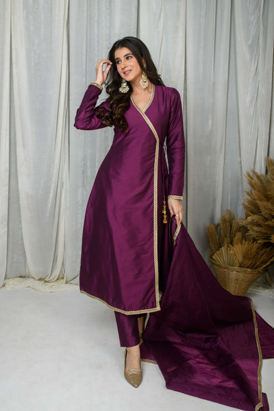 Wine Silk overlap Kurta Set