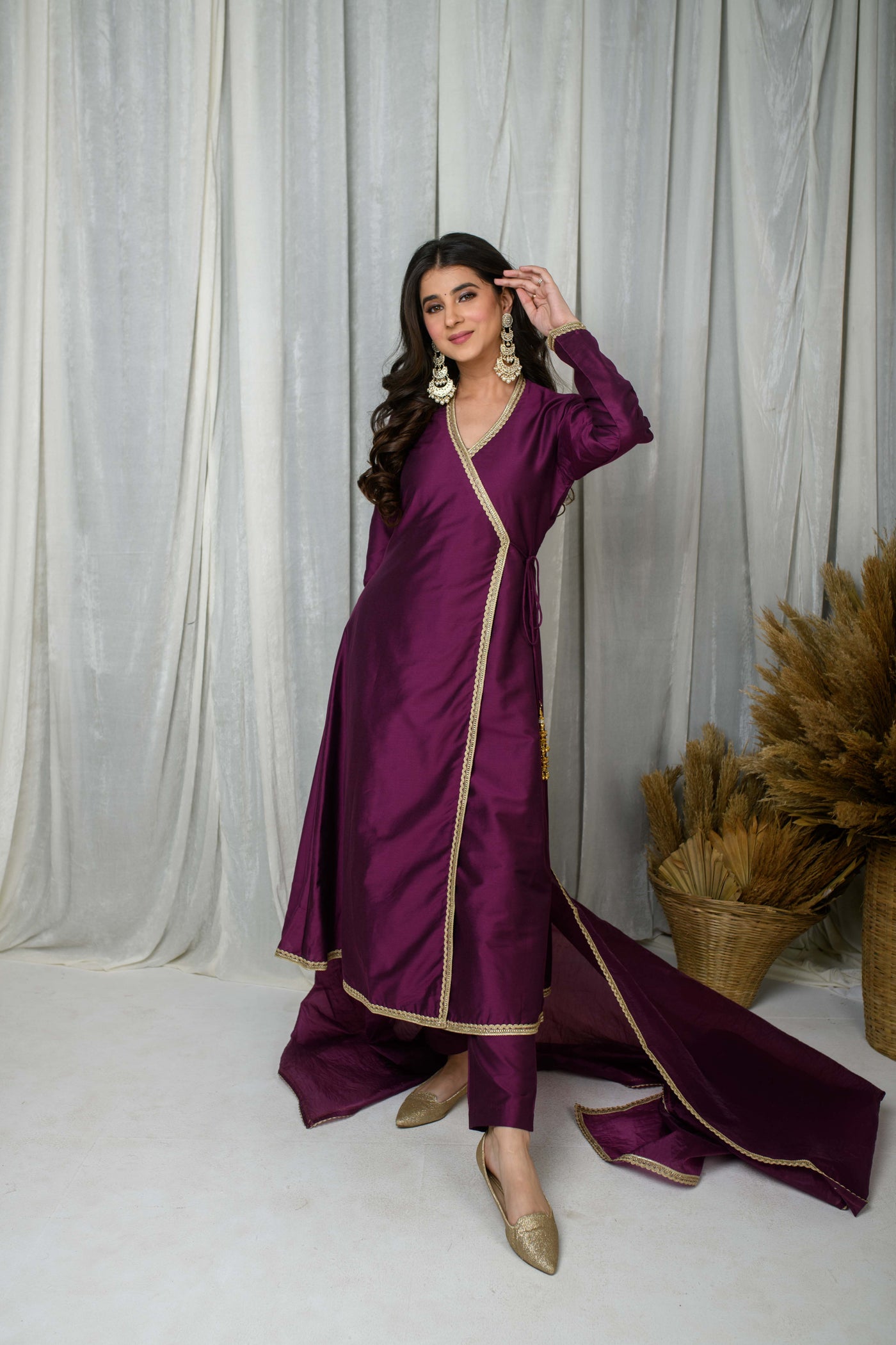 Wine Silk overlap Kurta Set