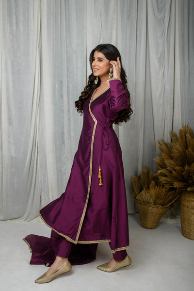 Wine Silk overlap Kurta Set