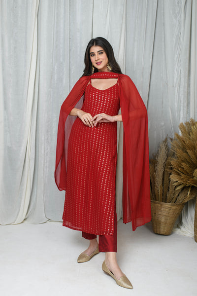 Red Straight Kurta With Chokar Dupatta