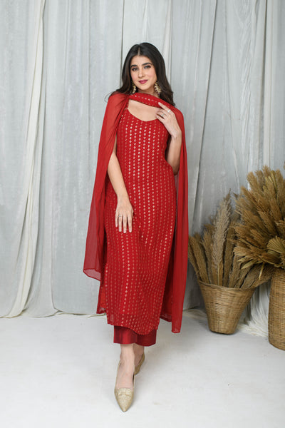 Red Straight Kurta With Chokar Dupatta