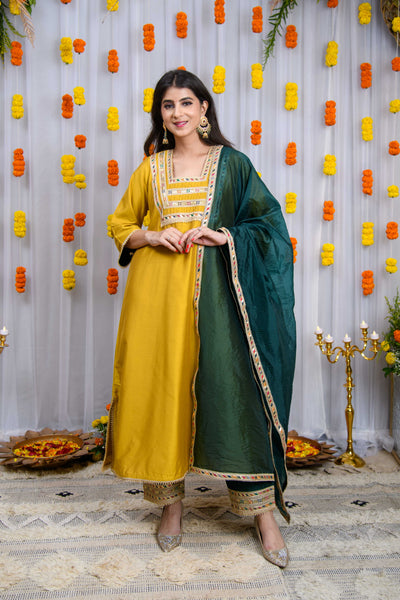 Mustard And Green Silk Kurta Set